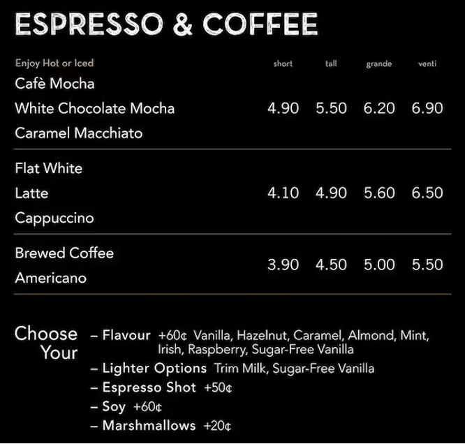 An example of Starbuck's menu